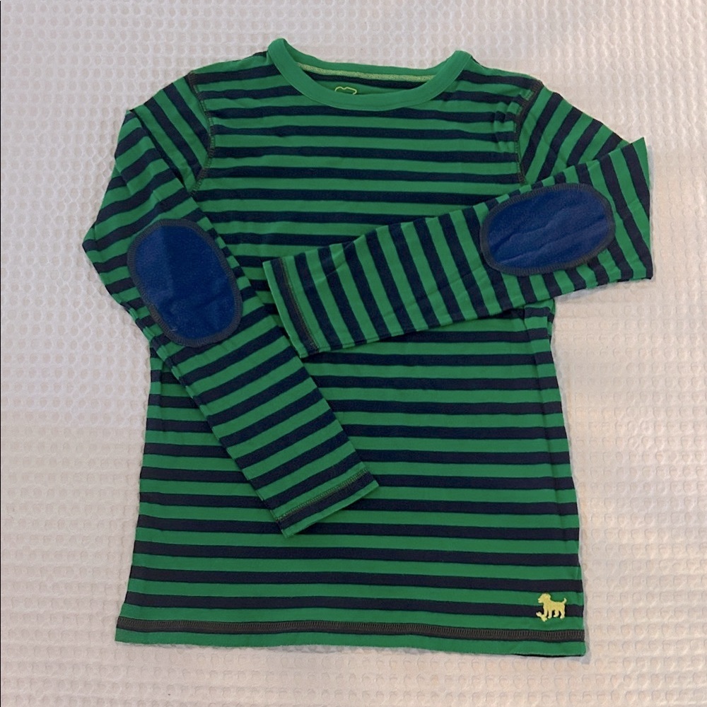 Mini Boden Green and Navy Striped Long Sleeve Tee w/ Elbow Patches
